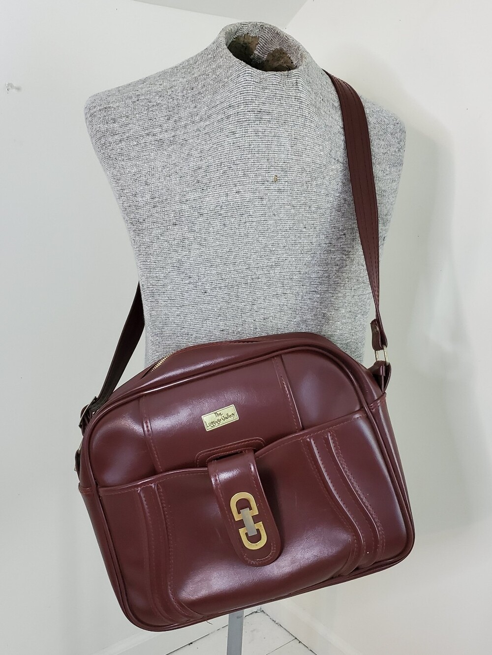 90s Vintage Luggage Gallery Maroon Burgundy Vinyl Faux Leather Weekender Bag